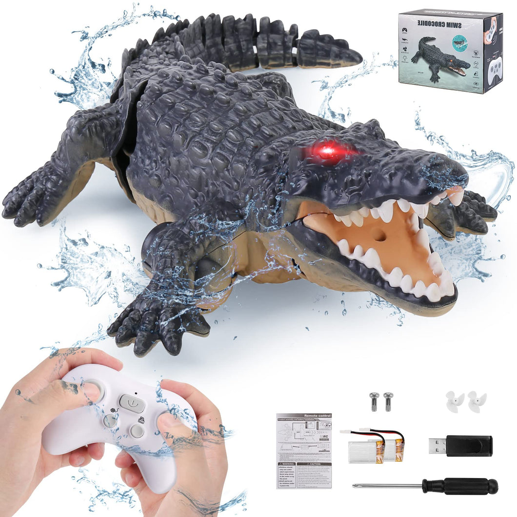 Outamateur RC Crocodile Boat,2.4GHz Alligator with Glowing Eyes,RC High Simulation Crocodile RC Boat Lake & Pool Toy,USB Rechargeable Waterproof Floating Alligator Toy for Kids Aged 6+