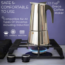 Load image into Gallery viewer, Mixpresso 9 Cup Greca Stovetop Espresso Maker 450ml/15oz, Moka Pot with Coffee Percolator Design, Stainless Steel Stove Top Coffee Maker for Camping or Home Use, Italian Coffee Maker Stovetop