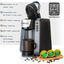 Load image into Gallery viewer, Mixpresso Single Serve Coffee Brewer K-Cup Pods Compatible &amp; Ground Coffee, 30 oz Compact Coffee Maker Single Serve With 5 Brew Sizes Up To 14 Oz, Fits Travel Mug, Adjustable Drip Tray, Black