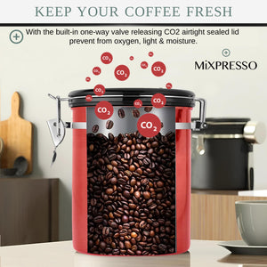 Mixpresso Green Coffee Canister, 16oz Airtight Stainless Steel Kitchen Food Storage Container with Clear Lid and Spoon. for Grounds Coffee, Beans, Tea, Flour, Cereal, Vacuum Sealed Sugar Container