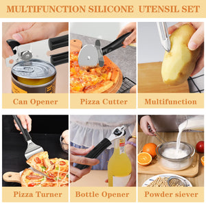 Silicone Cooking Utensil Set, Umite Chef 43 PCS Heat Resistant Kitchen Utensil Gadgets Set-Stainless Steel Handle- Kitchen Spatula Tools for Nonstick Cookware, Pots and Pans Accessories (Khaki)