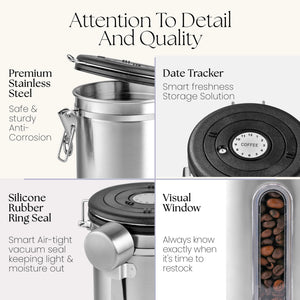 Mixpresso Green Coffee Canister, 16oz Airtight Stainless Steel Kitchen Food Storage Container with Clear Lid and Spoon. for Grounds Coffee, Beans, Tea, Flour, Cereal, Vacuum Sealed Sugar Container