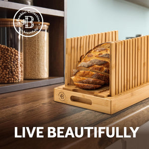 Bread Slicer for Homemade Bread - Bamboo Bread Cutter with Knife, Foldable Slicing Guide, Crumb Tray - Compact Bread Loaf Slicer for Cakes, Bagels, Loaves - Kitchen Gadget & Gifts by Bambüsi