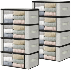 HomeHacks Storage 3-Pack Clothes Organizer Storage Bags Foldable Storage Box with Large Clear Window Sturdy Handles for Closet, Dorm, Pillows, Bedding, Clothes, Blankets, 35L, Gray