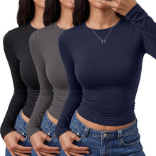 Load image into Gallery viewer, TNNZEET 3 Pack Womens Long Sleeve Shirts Crewneck Basic Fitted Tees Y2K Top | Tight Workout Tops, Slim Fit Plain Tees, Underscrub Casual Shirts women, Going Out Fall Fashion Clothes, Soft Gym Clothing
