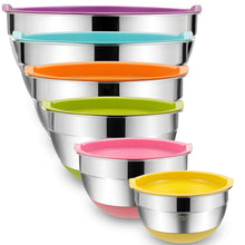 Load image into Gallery viewer, Umite Chef Mixing Bowls with Airtight Lids, 6 piece Stainless Steel Metal Nesting Storage Bowls, Non-Slip Bottoms Size 7, 3.5, 2.5, 2.0,1.5, 1QT, Great for Mixing &amp; Serving (Khaki)