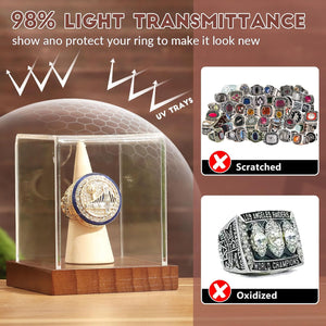 JupDec Football & Championship Ring Display Case, Large Clear Acrylic Shadow Box with UV Protection Wooden Showcase, Idea Gift for Sports Fans