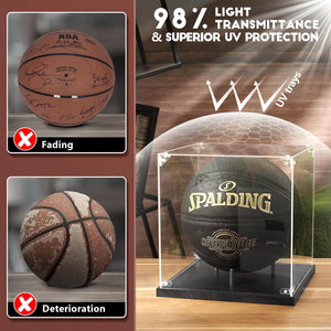 JupDec Basketball & Full Size Helmet Display Case, Large Clear Acrylic Shadow Box with UV Protection Wooden Showcase,Idea Gift for Sports Fans