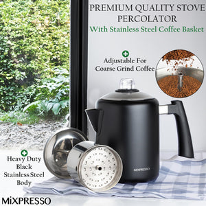 Mixpresso Stainless Steel Stovetop Coffee Percolator, 52 oz Classic Percolator Coffee Pot, Excellent As Camping Pot, 12 Cup Stainless Steel Camping Coffee Makers, Cool-Touch Handle.
