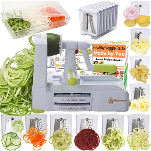 Brieftons 5-Blade Vegetable Spiralizer: Strongest-Heaviest Spiral Slicer, Best Veggie Pasta Spaghetti Maker for Low Carb/Paleo/Gluten-Free/Vegan Meals, With Extra Blade Caddy, 4 Recipe Ebooks
