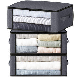 HomeHacks Storage 3-Pack Clothes Organizer Storage Bags Foldable Storage Box with Large Clear Window Sturdy Handles for Closet, Dorm, Pillows, Bedding, Clothes, Blankets, 35L, Gray