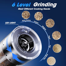 Load image into Gallery viewer, HomeHacks 2 Pack Upgraded 95ml Rechargeable Electric Salt and Pepper Grinder Set, 6 Adjustable Coarseness, High-Grade Stainless Steel, Type-C Charging, LED Light, Silver