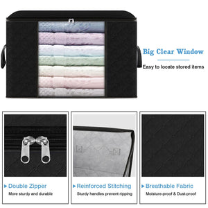 HomeHacks Storage 6-Pack Clothes Organizer Storage Bags Foldable Storage Box with Large Clear Window Sturdy Handles for Closet, Dorm, Pillows, Bedding, Clothes, Stuffed Toys, Blankets, 100L, Black