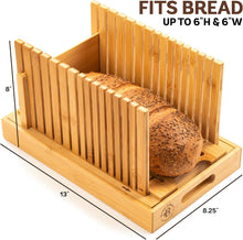 Load image into Gallery viewer, Bread Slicer for Homemade Bread - Bamboo Bread Cutter with Knife, Foldable Slicing Guide, Crumb Tray - Compact Bread Loaf Slicer for Cakes, Bagels, Loaves - Kitchen Gadget &amp; Gifts by Bambüsi