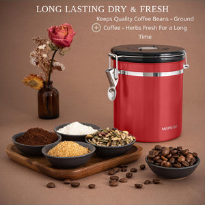 Mixpresso Green Coffee Canister, 16oz Airtight Stainless Steel Kitchen Food Storage Container with Clear Lid and Spoon. for Grounds Coffee, Beans, Tea, Flour, Cereal, Vacuum Sealed Sugar Container