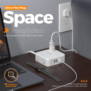 Surge Protector Flat Extension Cord Flat Plug Power Strip, 8 AC Outlets, 3 USB Charger(1 USB C Port) 3-Sided Outlet Extender, 5 Ft, 900 Joules Protection, Office Supplies, Dorm Room Essentials, Grey