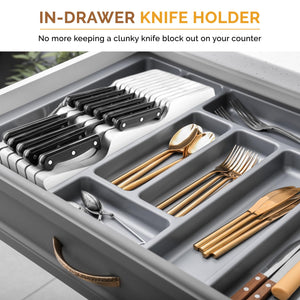 Bambüsi In-Drawer Knife Block - Bamboo Knife Drawer Organizer for Kitchen - Fits 5 Long + 6 Short Knives - Store Knives with Blades Pointing Down - Wooden Steak knife Holder without Knives