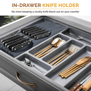 Bambüsi In-Drawer Knife Block - Bamboo Knife Drawer Organizer for Kitchen - Fits 5 Long + 6 Short Knives - Store Knives with Blades Pointing Down - Wooden Steak knife Holder without Knives
