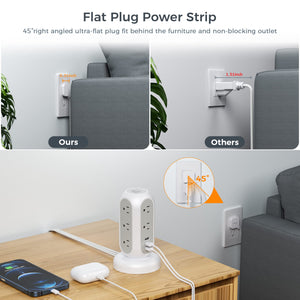 Tower Power Strip Flat Plug with 11 Outlets 3 USB (1 USB C), TESSAN Surge Protector Tower 1625W/13A,1050J Protection, 6 Feet Extension Cord with Multiple Outlets, Office Desk Supplies, Dorm Essentials