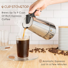 Load image into Gallery viewer, Mixpresso 9 Cup Greca Stovetop Espresso Maker 450ml/15oz, Moka Pot with Coffee Percolator Design, Stainless Steel Stove Top Coffee Maker for Camping or Home Use, Italian Coffee Maker Stovetop
