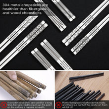 Load image into Gallery viewer, 8 Pairs Metal Chopsticks Reusable 18/8 Stainless Steel Chopsticks Set Cute Laser Engraved Non-slip Japanese Korean Chinese Chopstick for Cooking Eating Dishwasher Safe 9.25&quot; Chop Sticks Gift Set