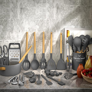 Umite Chef Silicone Kitchen Utensil Set, 34PCS Heat Resistant Kitchen Gadgets and Tools With Grater, Wood Handles for Nonstick Cookware