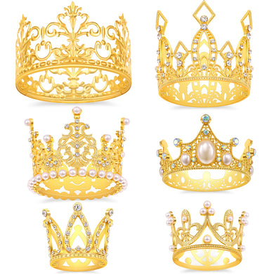 Gold Crown Cake Topper, 6 Pieces Happy Birthday Cake Toppers, Princess Crown Cake Decorations, Mini Crowns for Flower Arrangements, Birthday, Wedding, Party Decor (Gold-Ⅰ, 6)
