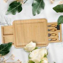 Load image into Gallery viewer, Bambüsi Charcuterie Board Set - Large Bamboo Cheese Board with Storage Drawers, Cheese Knives, Slate Markers &amp; Chalk Pens - Meat Cheese Serving Tray for Parties, Wedding Gift, Housewarming Gifts