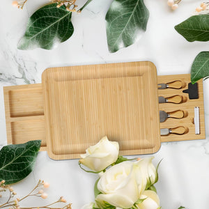 Bambüsi Charcuterie Board Set - Large Bamboo Cheese Board with Storage Drawers, Cheese Knives, Slate Markers & Chalk Pens - Meat Cheese Serving Tray for Parties, Wedding Gift, Housewarming Gifts