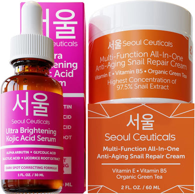 SeoulCeuticals Kojic Acid Serum + Snail Mucin Cream - Korean Anti Aging Skincare Set