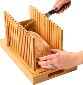 Bread Slicer and Cutting Board Set - Bamboo Bread Slicer with Crumb Tray & Adjustable Width + 4-Piece Bamboo Cutting Board Set for Kitchen