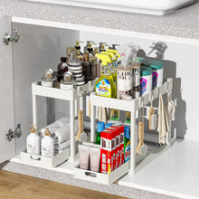 Load image into Gallery viewer, 2PC Under Sink Organizer Rack 2 Tier Under Sliding Cabinet Basket Organizer Drawer with 4 Hooks, Multi-purpose Under Sink Storage for Bathroom Kitchen Desktop（Black）