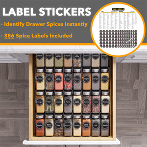 SpaceAid Spice Drawer Organizer with 28 Spice Jars, 386 Spice Labels, 4 Tier Seasoning Rack Tray Insert for Kitchen Drawers, 13" Wide x 17.5" Deep