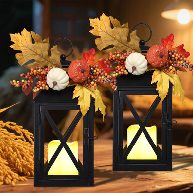 Fall Lanterns Decorative Indoor Outdoor, 2 Pack Black Metal Thanksgiving Lantern, 18.11 Inch Timer Harvest Autumn Candle Rings Flameless Lights with Pumpkin and Maple Leaf for Home,Farmhouse Decor