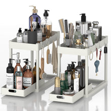 Load image into Gallery viewer, 2PC Under Sink Organizer Rack 2 Tier Under Sliding Cabinet Basket Organizer Drawer with 4 Hooks, Multi-purpose Under Sink Storage for Bathroom Kitchen Desktop（Black）