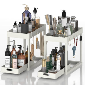 2PC Under Sink Organizer Rack 2 Tier Under Sliding Cabinet Basket Organizer Drawer with 4 Hooks, Multi-purpose Under Sink Storage for Bathroom Kitchen Desktop（Black）