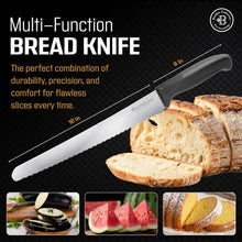 Load image into Gallery viewer, Bamboo Bread Slicer with Crumb Tray &amp; Knife – 3 Slice Thickness Options, Foldable Storage, 10” Ultra Sharp Stainless Steel Bread Knife with Ergonomic Handle – Sourdough &amp; Cake Cutter Set