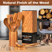 Load image into Gallery viewer, Natural Teak Kitchen Cooking Utensil Set with Holder, Wooden Spoons for Cooking, 10PCS Cooking Spatulas Set with Spoon Rest, Wooden Utensil Set for Nonstick Cookware Sturdy &amp; Lightweight