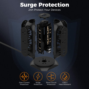 Tower Power Strip Flat Plug with 11 Outlets 3 USB (1 USB C), TESSAN Surge Protector Tower 1625W/13A,1050J Protection, 6 Feet Extension Cord with Multiple Outlets, Office Desk Supplies, Dorm Essentials