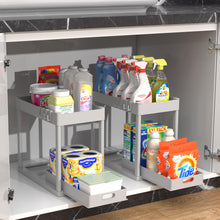 Load image into Gallery viewer, 2PC Under Sink Organizer Rack 2 Tier Under Sliding Cabinet Basket Organizer Drawer with 4 Hooks, Multi-purpose Under Sink Storage for Bathroom Kitchen Desktop（Black）