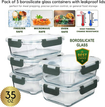Load image into Gallery viewer, Brieftons Glass Meal Prep Containers: 5 Pack, 35 Oz with Airtight, Leakproof Snap Locking Lids, Perfect for Food Storage, Lunch &amp; Portion Control, BPA-Free, Microwave, Oven, Freezer &amp; Dishwasher Safe