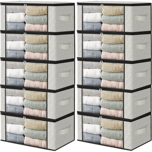 HomeHacks Storage 3-Pack Clothes Organizer Storage Bags Foldable Storage Box with Large Clear Window Sturdy Handles for Closet, Dorm, Pillows, Bedding, Clothes, Blankets, 35L, Gray