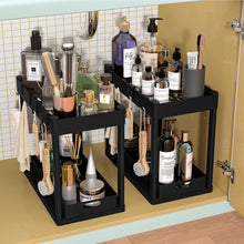 Load image into Gallery viewer, 2PC Under Sink Organizer Rack 2 Tier Under Sliding Cabinet Basket Organizer Drawer with 4 Hooks, Multi-purpose Under Sink Storage for Bathroom Kitchen Desktop（Black）