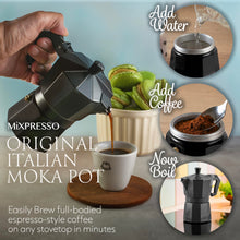 Load image into Gallery viewer, Mixpresso 3 Cup Moka Pot Coffee Maker for Gas, Electric Stove Top, Classic Italian Espresso Maker, Stovetop for Camping, Makes 5 Oz Cuban Coffee