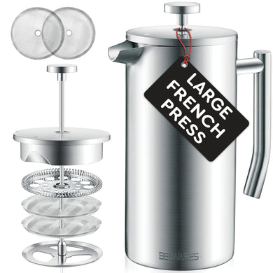 Belwares French Press Coffee Maker 50 OZ - Large Insulated Stainless Steel 304 Coffee Press with Double Wall & 4-Level Filtration System (Black - 1.5L)