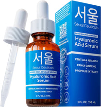 Load image into Gallery viewer, SeoulCeuticals Korean Hyaluronic Acid Serum For Face - High Molecular Weight &amp; Low Molecular Weight Hyaluronic Acid - Centella Serum + Propolis. 1oz