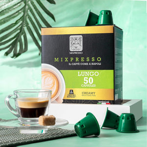Mixpresso Coffee Espresso Capsules Compatible With Nespresso Original Brewers Single Cup Coffee Pods 100% from Italy Dark Roast Espresso, 50 Count Coffee Capsules - Lungo Intensity - 10/12