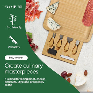 Bambüsi Charcuterie Board Set - Large Bamboo Cheese Board with Storage Drawers, Cheese Knives, Slate Markers & Chalk Pens - Meat Cheese Serving Tray for Parties, Wedding Gift, Housewarming Gifts