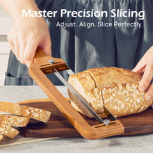 Load image into Gallery viewer, Adjustable Bread Slicer for Homemade Bread – Sourdough Bread Knife with Thickness Guide &amp; Serrated Stainless Blade, Manual Bow Cutter for Bagels and Baguettes, Gift for Baker, Ambidextrous Use