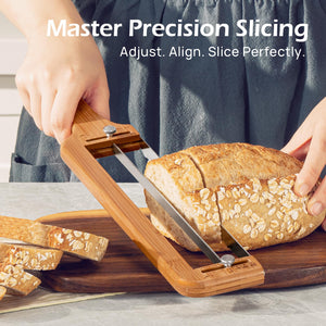 Adjustable Bread Slicer for Homemade Bread – Sourdough Bread Knife with Thickness Guide & Serrated Stainless Blade, Manual Bow Cutter for Bagels and Baguettes, Gift for Baker, Ambidextrous Use